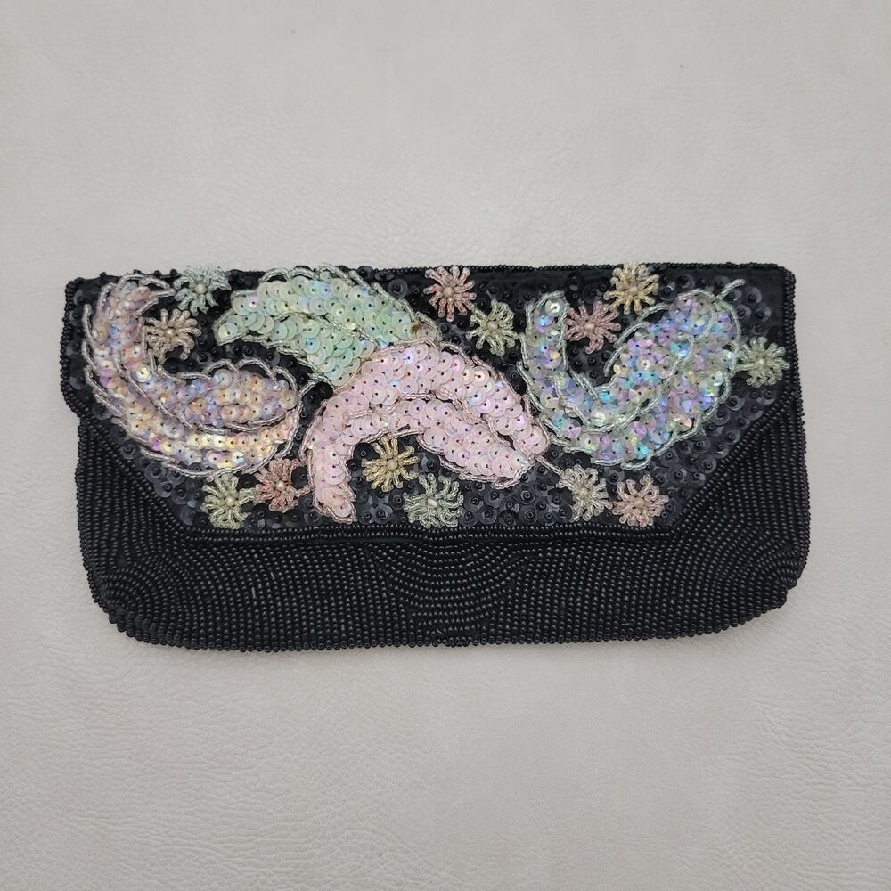 Vintage Black Beaded Clutch Evening Bag Pastel Sequin Floral Handcrafted